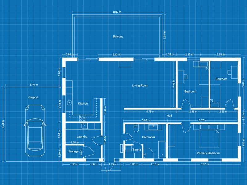 Blueprint of a single-story home layout with labeled rooms and measurements. The floor plan includes a carport, kitchen, laundry, storage, living room, balcony, two bedrooms, a hall, bathroom, sauna, and a large primary bedroom. Measurements are shown along the walls in meters, and furniture is represented with simple outlines. The design features an open-plan living space with access to a balcony.