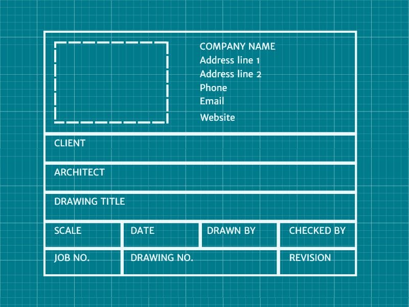 Blueprint title block template showing fields for company details, client, architect, drawing title, scale, date, and revision.
