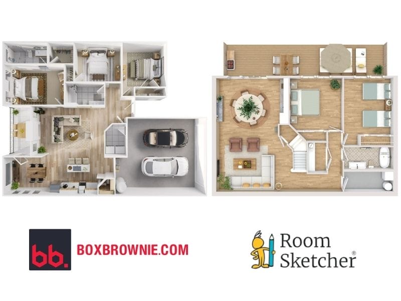 BoxBrownie.com vs RoomSketcher 3D floor plan comparison. On the left side of the image is a 3D floor plan made with BoxBrownie. The floor plan is in beige and neutral colors. It has three bedrooms, two bathrooms, a kitchen/living area, a laundry room and a garage. Below the floor plan is the BoxBrownie.com logo. On the right side of the image is a 3D floor plan made with RoomSketcher. The floor plan is in neutral colors, it has two bedrooms, one bathroom and a kitchen/living area, as well as a laundry room and a balcony. Below the floor plan is the RoomSketcher logo.