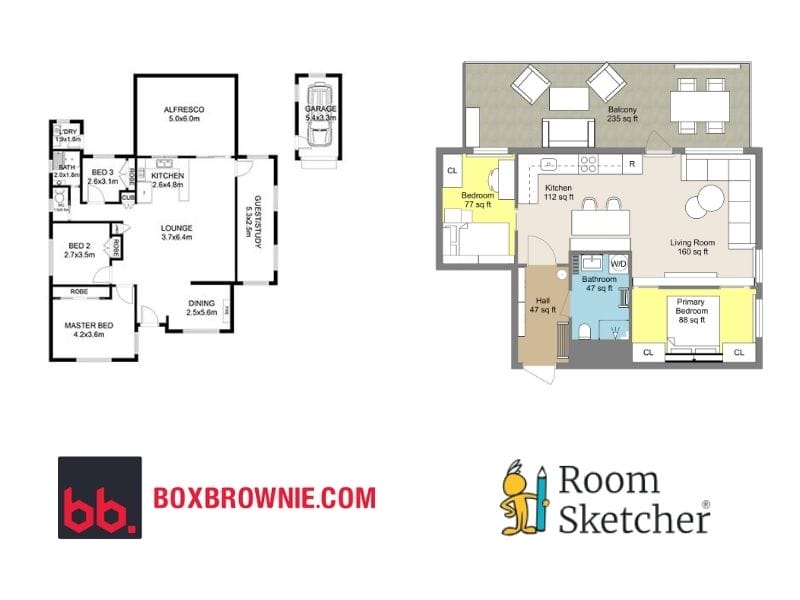 BoxBrownie vs RoomSketcher 2D floor plan measurement comparison. On the left side of the image is a 2D floor plan made with BoxBrownie that has interior measurements and is furnished with fixed furniture. The floor plan is in black-and-white. Below the floor plan is the BoxBrownie.com logo. On the right side of the image is a 2D floor plan made with RoomSketcher. The floor plan has interior measurements in each room or zone. The floor plan is colorful and fully furnished.