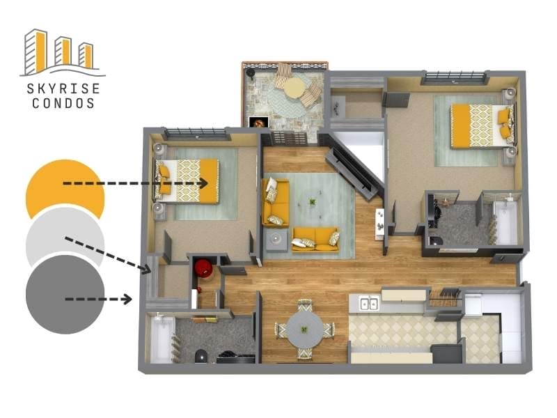 Overhead 3D floor plan illustration for “Skyrise Condos” showing a two‑bedroom apartment with living room, kitchen, dining area, bathrooms, balcony, and furniture. On the left, three large circles display the brand color palette—mustard yellow, light gray, and dark gray—with dashed arrows pointing into the layout to show how each color is used in bedroom textiles, accent walls, and other décor elements throughout the condo.