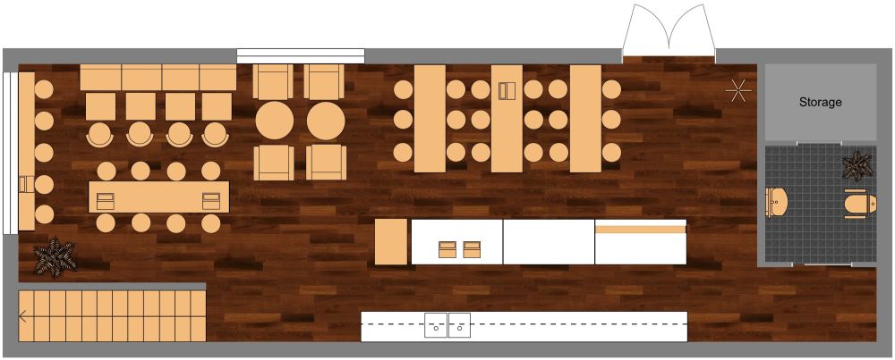 Bright Coffee Shop Style With Space Efficient Seating 2D Floor Plan