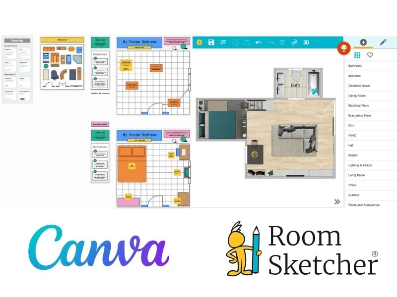 Canva vs. RoomSketcher. The image shows a comparison of the user-interface of Canva and RoomSketcher. On the left side of the image is a screenshot of Canva's floor plan creator. Below the screenshot is the Canva logo. On the right side of the image is a screenshot of the RoomSketcher user-interface. Below the screenshot is the RoomSketcher logo.