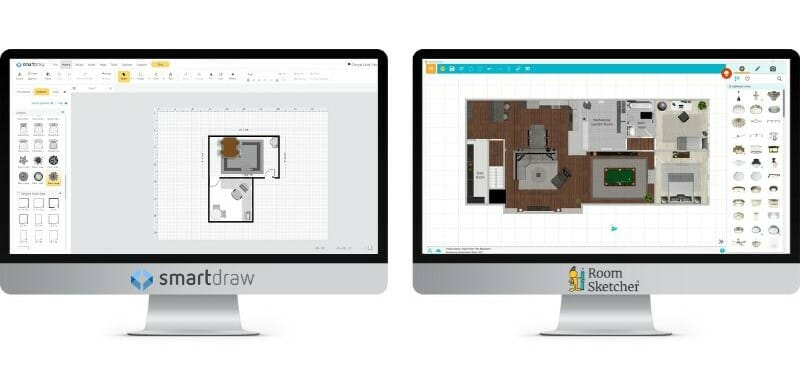 Comparison of SmartDraw and RoomSketcher floor plan software shown on desktop screens. SmartDraw displays a simple 2D floor plan, while RoomSketcher shows a detailed 3D furnished floor plan.