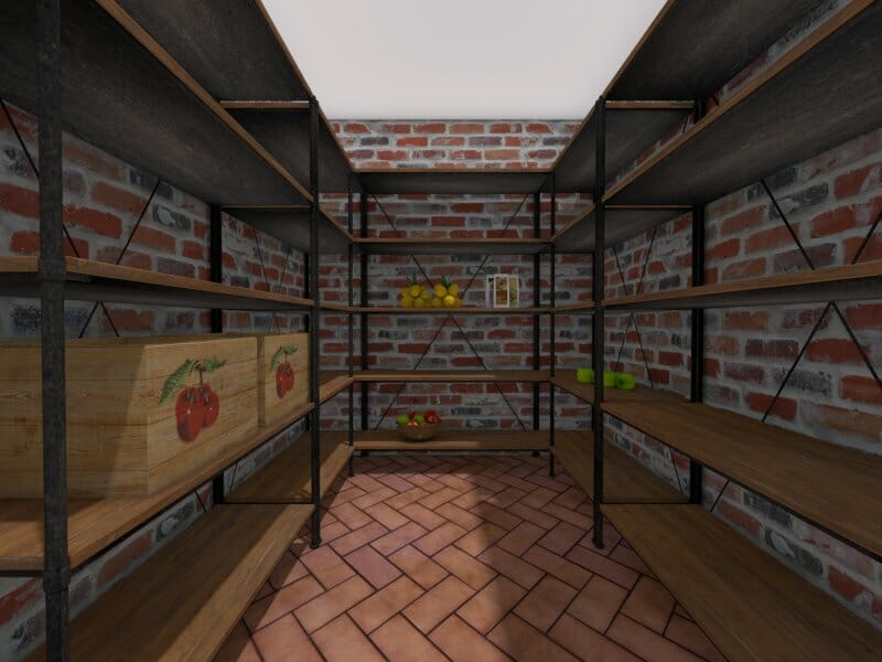 3D Photo of a cellar with wooden shelving and red brick wall. 