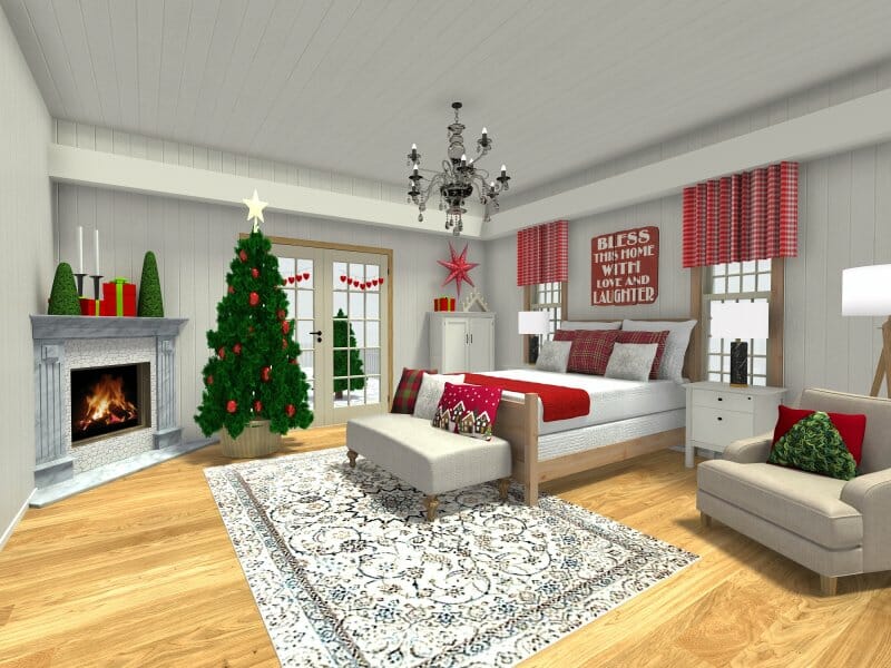 3D-rendered image of a festive bedroom decorated for the holidays. The room features a bed with red and white bedding, flanked by nightstands and windows with red plaid valances. A Christmas tree with red ornaments and a gold star stands next to a lit fireplace with green cone decorations and wrapped gifts on the mantel.
