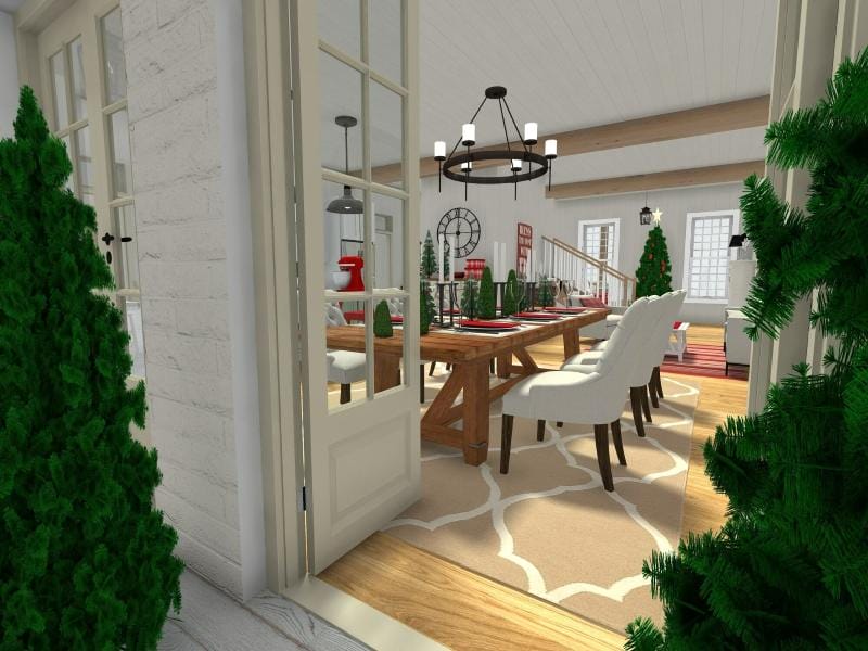 3D-rendered image of a festive dining room viewed through open double French doors, decorated for the holidays. The room features a large wooden dining table with white upholstered chairs, seasonal table decor with miniature trees and candles, and Christmas trees in the background. The space includes rustic elements like wooden ceiling beams, a chandelier, and a cozy, warmly lit atmosphere.