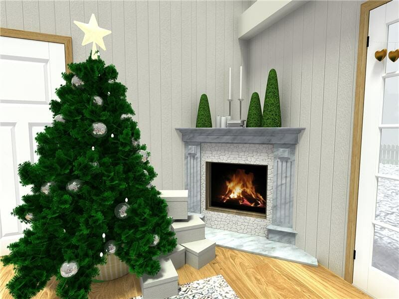 3D-rendered image of a cozy Christmas corner featuring a decorated tree with silver ornaments and a star topper, surrounded by wrapped presents. Next to it is a corner fireplace with a marble surround and a lit fire. The mantel is adorned with cone-shaped greenery and white candle holders.