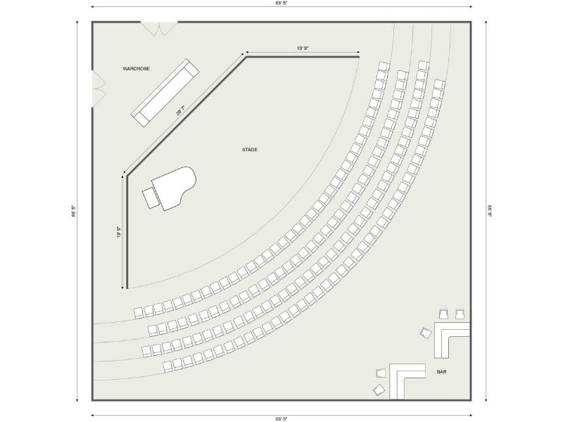 2D floor plan of a concert hall showing a stage area with a grand piano, curved rows of audience seating, and labeled areas for a wardrobe and bar. The plan includes precise measurements for walls and distances, giving a clear view of the room layout and flow.