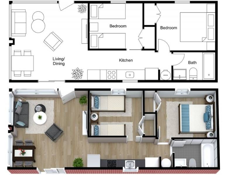 2D and 3D floor plan of a modern container home featuring an open-plan living and dining area, a kitchen along one wall, two bedrooms, and a full bathroom.