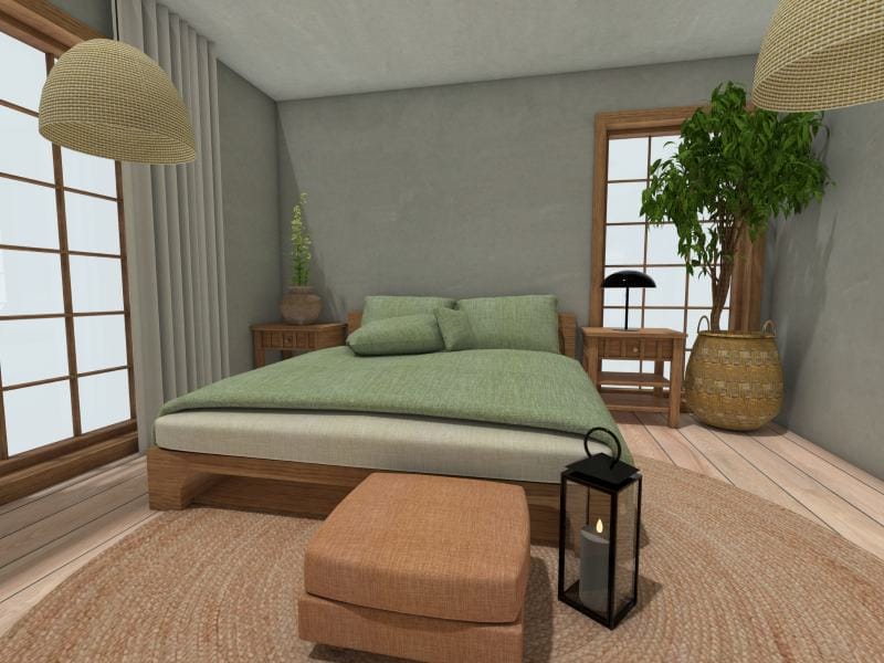 3D rendering of a modern bedroom with green bedding, wood furniture, and natural light from large windows.