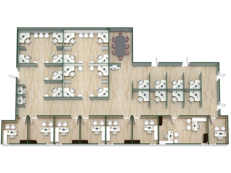 3D floor plan of a modern office layout featuring a mix of open work areas and private offices.