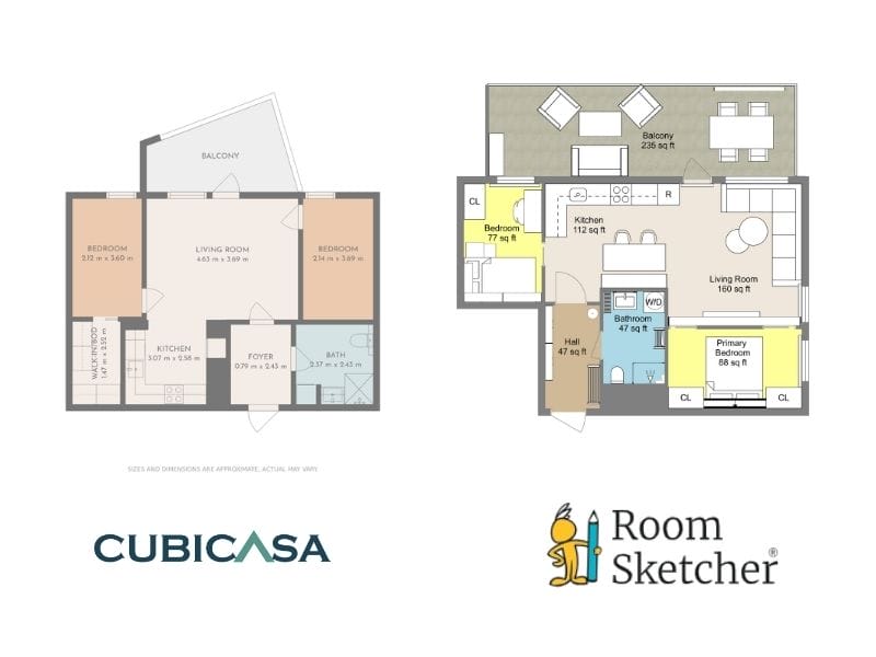 2D Floor Plan Comparison Between CubiCasa and RoomSketcher with measurements.
