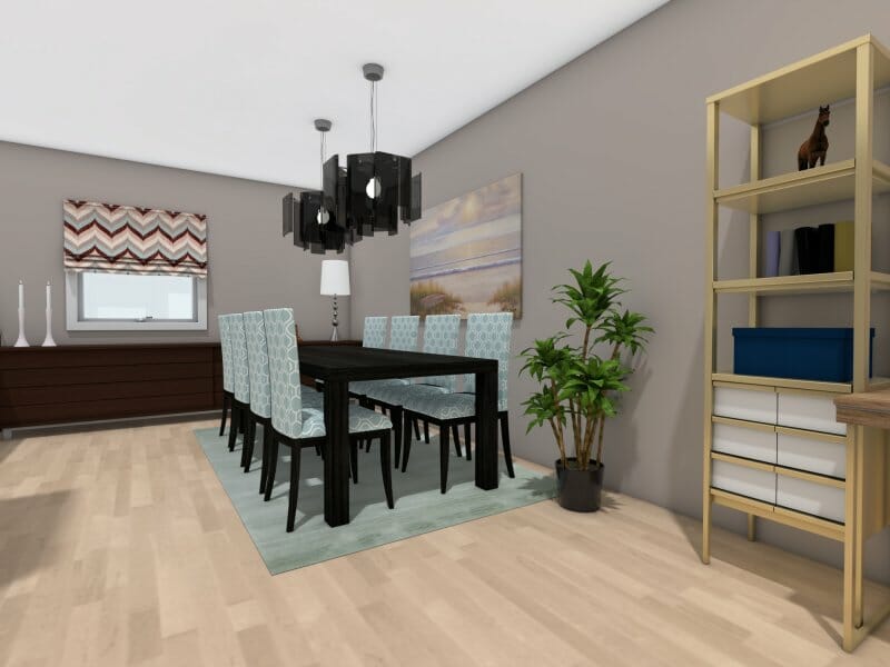 3D Photo of a dining room with blue chairs, a black wooden table, and black and blue decor.