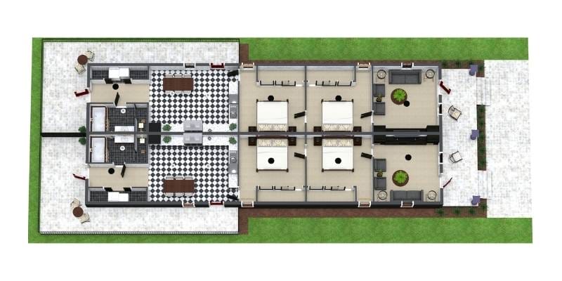 3D floor plan of a duplex shotgun-style house with mirrored layouts. Each unit features a front porch leading to a living room, followed by two bedrooms, a central hallway, a kitchen with black-and-white checkered flooring, and a bathroom at the rear. Both units have back patios with seating areas, and the design includes symmetrical room arrangements.