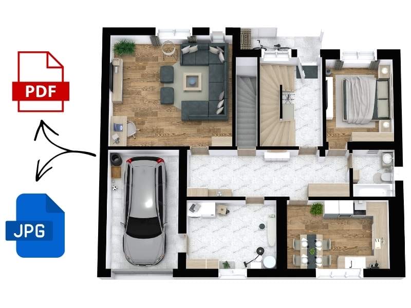 3D rendered floor plan of a modern single-story home, with icons indicating export options to PDF and JPG formats. The layout includes a garage with a parked car, a spacious living room with sectional sofa, a bedroom, a home office, two bathrooms, a dining area, and a kitchen. A central staircase suggests access to another level. Flooring varies between wood and tile across different rooms. The design uses light, neutral tones and modern furniture throughout. Export icons and arrows on the left side emphasize the ability to save the floor plan as a PDF or JPG.