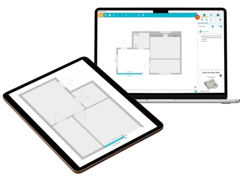 The image shows a digital floor plan being created using the RoomSketcher app displayed on two devices—a tablet in the foreground and a laptop in the background. Both screens show an early-stage 2D floor plan with empty rooms, thick grey walls, and door placements, indicating the layout has not yet been rendered or furnished. The laptop screen includes the RoomSketcher interface with drawing tools, wall thickness settings, and a video tutorial link. The tablet displays a simplified version of the same plan, highlighting the app’s cross-device functionality and real-time sync between platforms.