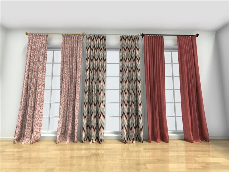 Three sets of curtains with different fabrics displayed side by side in front of large windows. From left to right: a red and white floral pattern, a bold chevron design, and solid red drapes. Showcases RoomSketcher’s Replace Material feature, allowing easy visualization of different curtain styles in the same room layout.