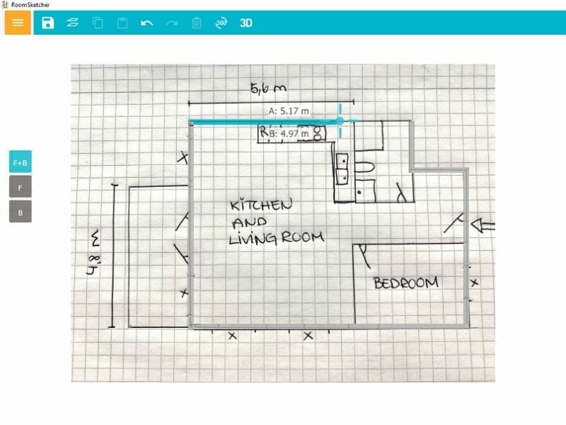 Hand-drawn floor plan on graph paper imported into the RoomSketcher app, with wall lengths and room labels visible for tracing.