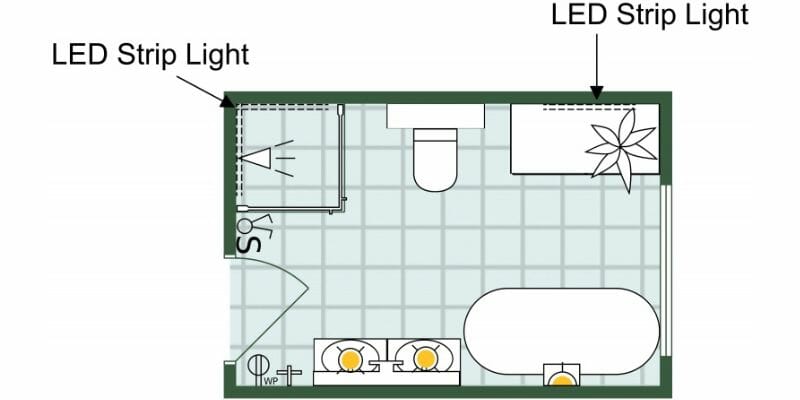 Electrical plan for a bathroom showing LED strip lighting, vanity lights, outlets, and switches placed around the shower, sink, and bathtub area.