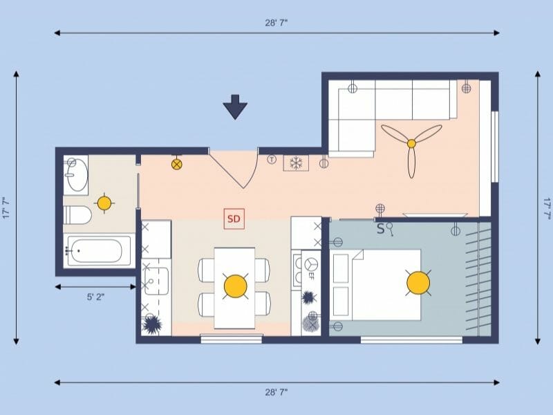 Electrical floor plan of a small apartment with dimensions showing kitchen, dining area, bedroom, living space, and bathroom with lighting fixtures, outlets, switches, and smoke detector symbols.