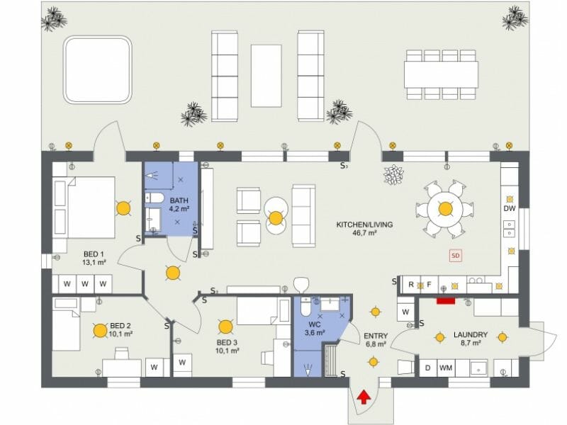 Electrical floor plan of a house showing kitchen and living area, three bedrooms, bathrooms, entry, and laundry with lighting fixtures, switches, outlets, and smoke detector symbols.