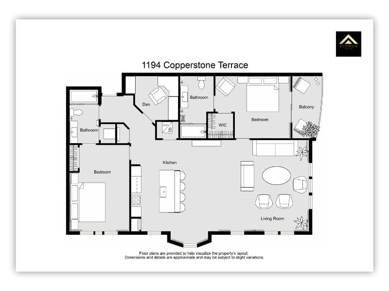 Black-and-white 2D floor plan of 1194 Copperstone Terrace, showing two bedrooms, two bathrooms, a den, kitchen with island, living room, and balcony.