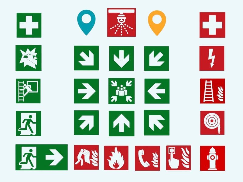 Set of standardized evacuation plan symbols showing exits, directional arrows, first aid, fire safety equipment, alarms, and emergency meeting points.
