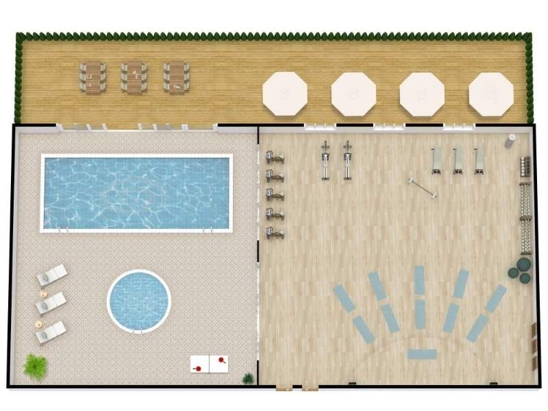 3D floor plan of a modern fitness and pool area. The layout features a large rectangular swimming pool and a smaller circular hot tub surrounded by lounge chairs.