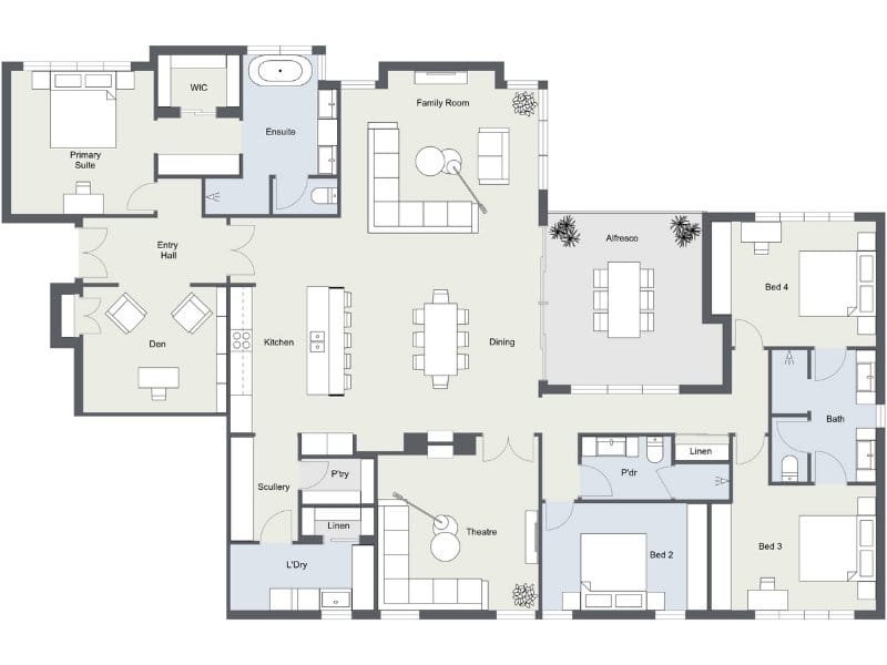 Large five bedroom apartment floor plan with open kitchen, dining, and family room, outdoor alfresco area, primary suite with walk-in closet and en-suite, den, theatre room, scullery, laundry, three additional bedrooms with shared bathroom, plus a guest bedroom with nearby powder room.