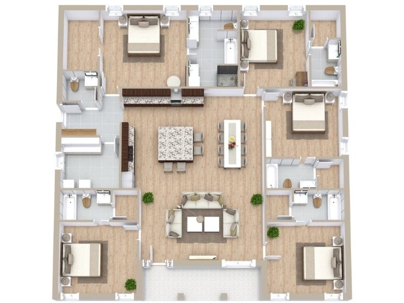 3D floor plan of a five-bedroom apartment with a central open living, dining, and kitchen area, five bedrooms with closets, and multiple bathrooms arranged around the layout.