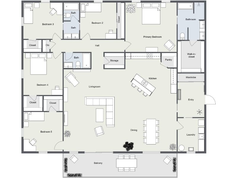 Five bedroom apartment floor plan with open kitchen, dining, and large living room, primary bedroom with walk-in closet and en-suite, four additional bedrooms with closets, multiple bathrooms, pantry, laundry, storage, entry area, and balcony.