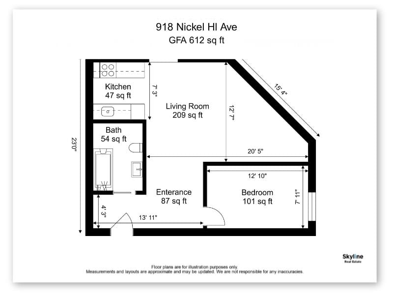 Black and white 2D floor plan for 918 Nickel Hl Ave, showing a one-bedroom layout with labeled areas for kitchen, bathroom, living room, entrance, and bedroom, along with room dimensions and square footage.