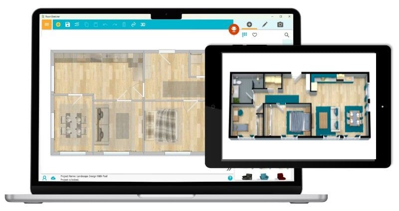 Laptop and tablet showing floor plans created in the RoomSketcher app.