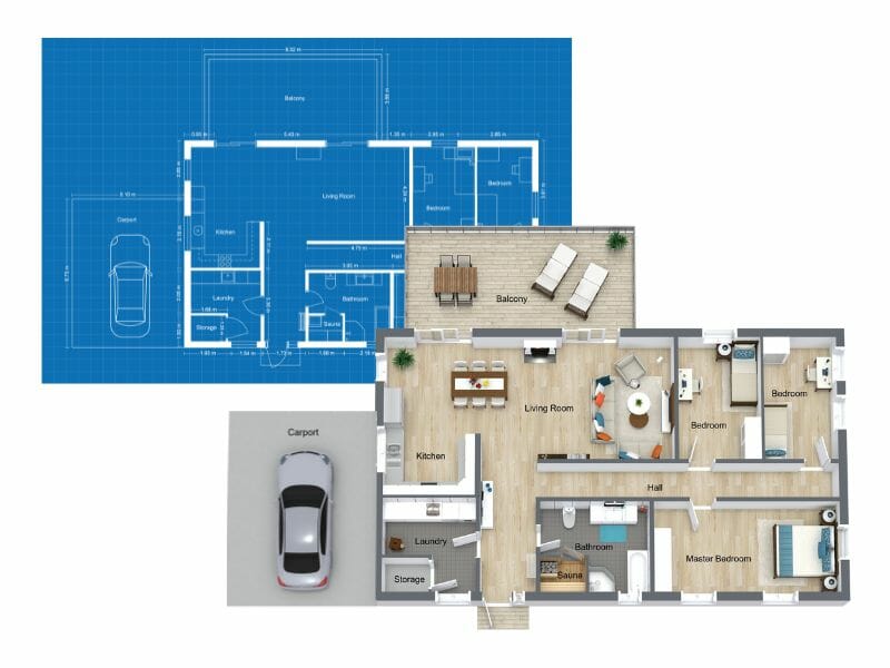 Illustration of a blueprint floor plan and the same floor plan turned into a 3D Floor Plan.