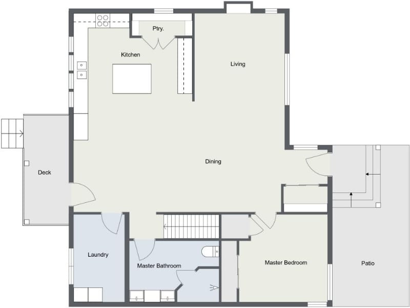 2D residential floor plan showing a kitchen with island and pantry, open dining and living area, master bedroom with adjoining bathroom, laundry room, staircase, and outdoor deck and patio spaces connected by entry doors.