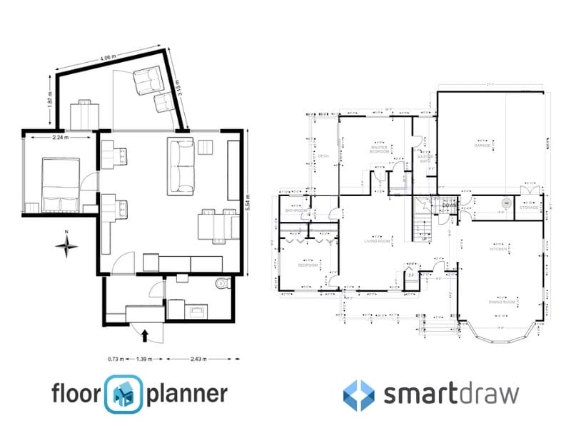 Comparison of 2D floor plans created with Floorplanner and SmartDraw. Floorplanner design on the left shows a furnished layout with rooms labeled by icons, while the SmartDraw plan on the right displays a detailed architectural-style blueprint with dimensions.