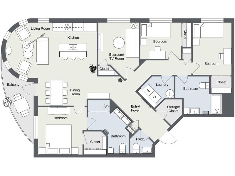 Four-bedroom apartment floor plan with curved living room and balcony, open kitchen with island, dining area, and multiple bathrooms. Includes laundry room, entry foyer, storage, and flexible bedroom/TV room.
