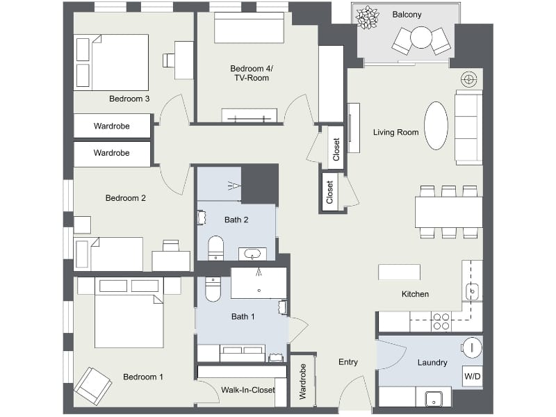Four-bedroom apartment floor plan with open living room, kitchen, dining area, and balcony. Primary bedroom includes a walk-in closet and en-suite bath. Two additional bedrooms with wardrobes, one flexible room as bedroom or TV room, two bathrooms, laundry with washer/dryer, and multiple storage closets.