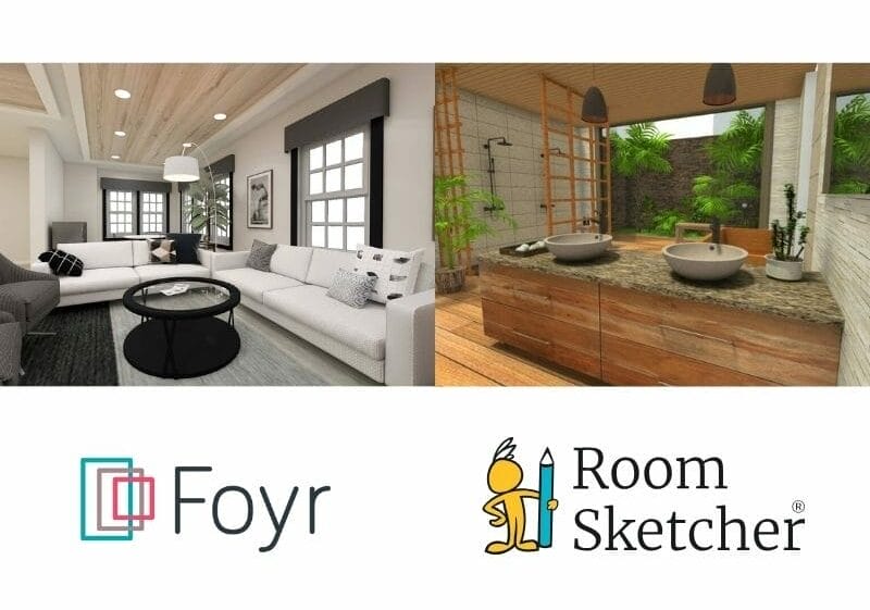 Foyr Neo vs RoomSketcher. The image shows a 3D photo from each software. On the left side is a 3D photo from Foyr Neo of a living room. The photo shows two couches, one couch is close to the wall, and the other is placed in a L-shape out from the other couch. Across from the two white couches are two grey chairs. In the middle, a grey and black carpet as well as a round black table with a glass top. The walls are white and the windows have grey and black curtains. Below the photo is the Foyr Neo logo. On the right side of the image is a 3D Photo from RoomSketcher. The photo shows a bathroom with natural wooden finishes, grey stone double sinks, green plants, double showers and a view out to a enclosed garden with green plants and a stone wall. Below the photo is the RoomSketcher logo.