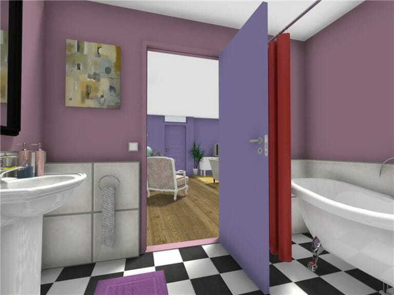 Monica's purple apartment bathroom.