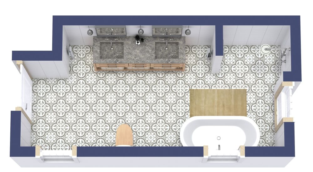 Full narrow bathroom in farmhouse style