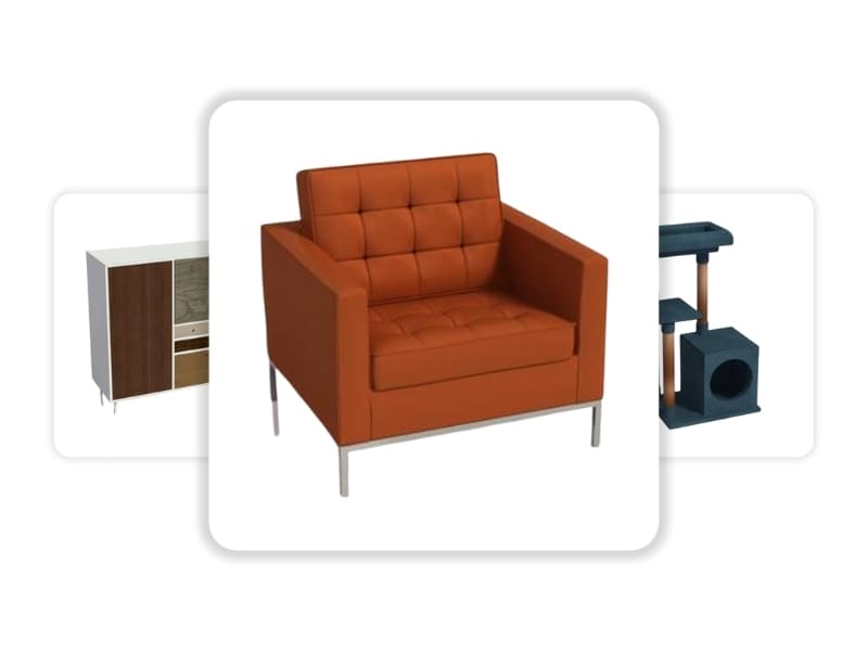 3D furniture selection showing a modern orange armchair in focus, with additional furniture options blurred in the background.