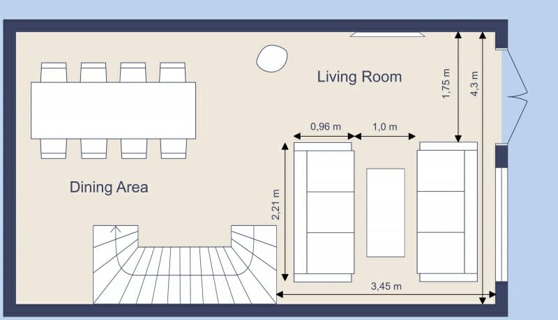 2D color floor plan showing a combined dining and living room layout. The left side features a dining area with a rectangular table and six chairs. The right side is labeled “Living Room” and includes two sofas facing each other with a coffee table in between. Room dimensions are marked: the full room is 4.3 meters long, with sofa spacing measurements (0.96 m and 1.0 m apart) and a width of 3.45 meters for the living area. A staircase is shown in the bottom left corner, and an entrance is located at the top right.