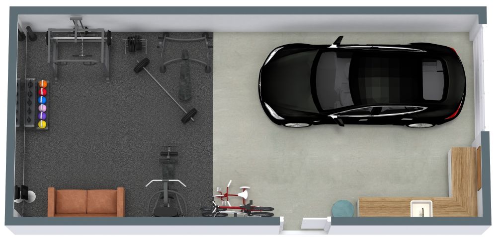 Garage Gym Floor Plan with Couch and Kitchenette