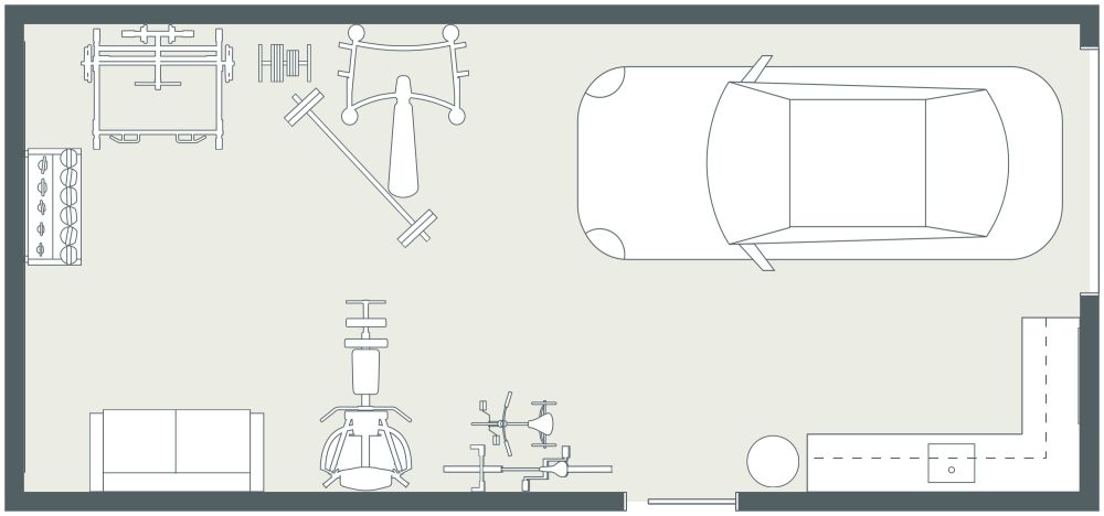 Garage Gym 2D Floor Plan with Couch and Kitchenette