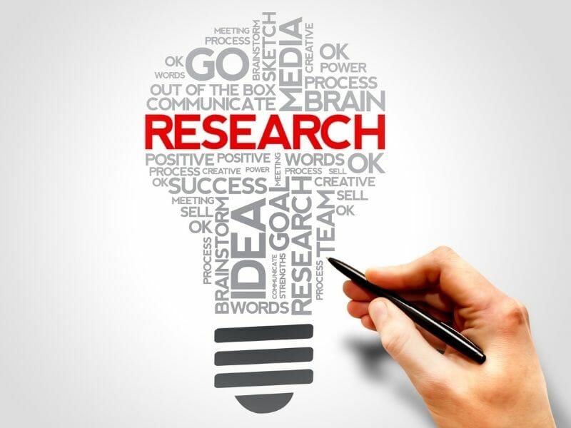 Conceptual image of a hand holding a pen, drawing a light bulb shape filled with business-related words. The word “RESEARCH” is prominently centered in bold red text, while other words like “IDEA,” “GOAL,” “SUCCESS,” and “BRAINSTORM” appear in varying sizes and shades of gray within the light bulb outline.