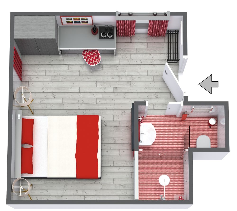 Grey and Red Hotel Room Design