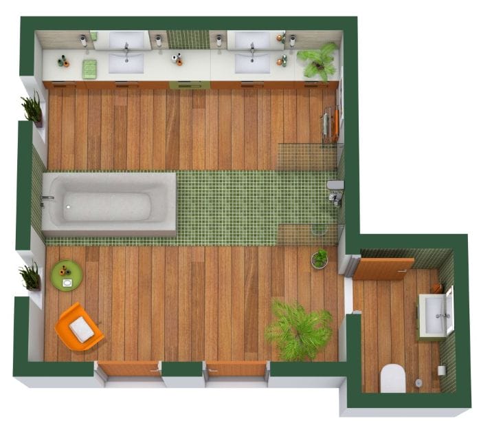 Top-down view of a spacious bathroom layout featuring wood flooring with a central strip of green mosaic tile leading through a walk-in shower area. The room includes a double vanity with four sinks, a freestanding bathtub, a cozy seating area with an orange chair and side table, and lush green plants. A private toilet area is located in a separate enclosed space to the right. The design is modern and vibrant, combining natural materials with bold color accents.