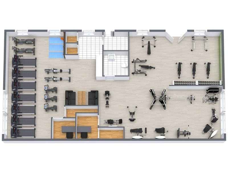 Top-down 3D floor plan of a modern gym layout. The left side features rows of treadmills, rowing machines, and stationary bikes along large windows. The center area includes lounge seating and a reception desk near two small offices.